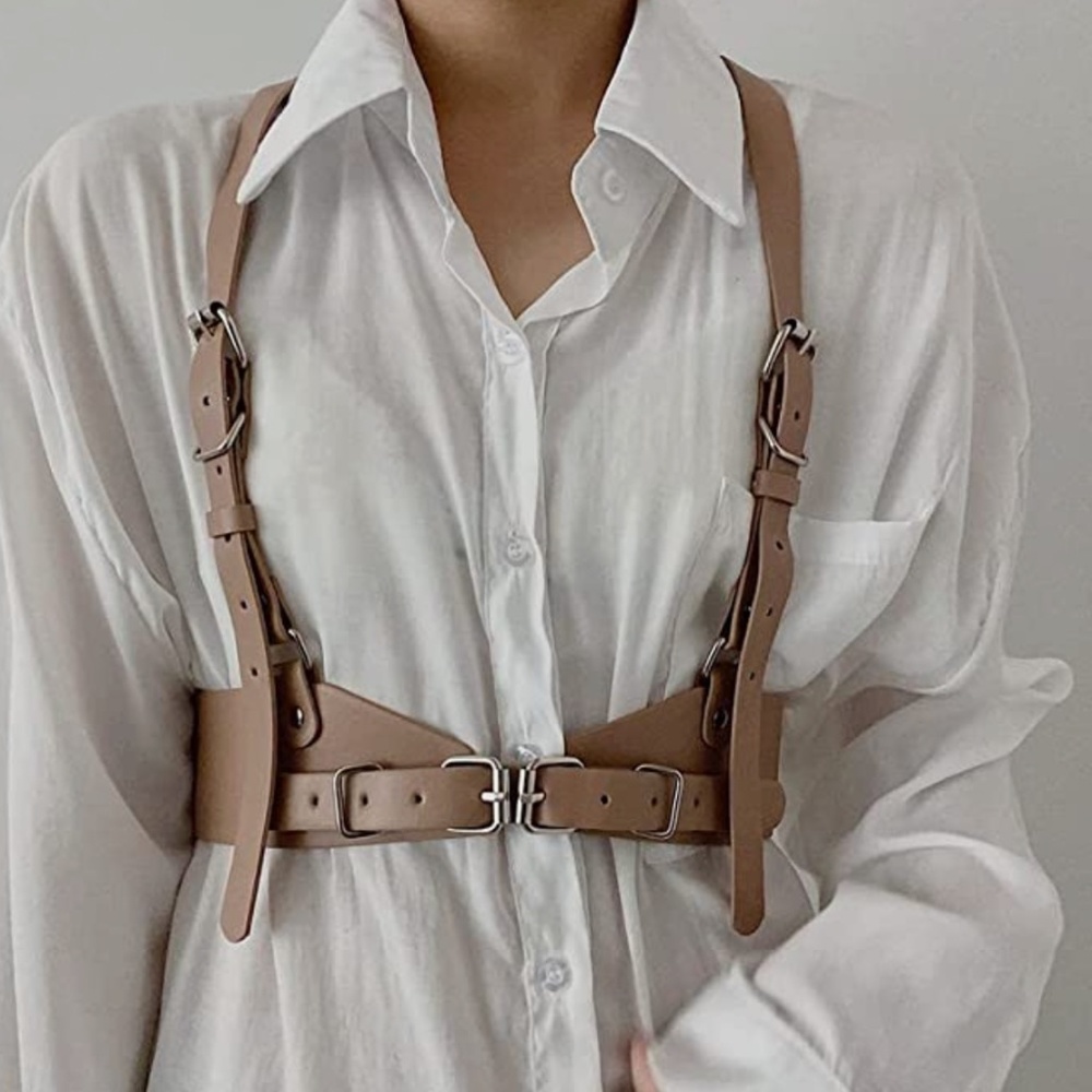 Punk Belly waist body chain black leather goth belt harness for women with strap - Picture 3 of 5